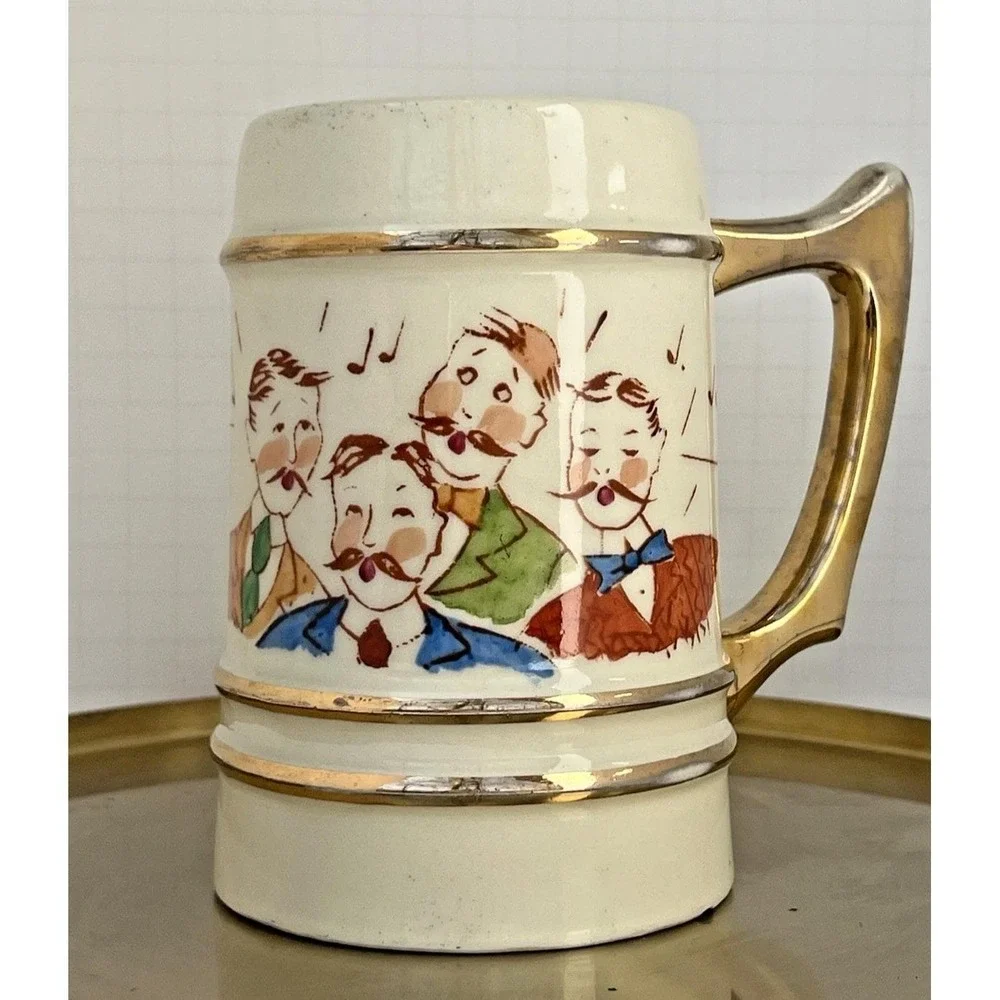 Beer Stein Barbershop Quartet Musical Theme Ceramic Gold Trim Vintage 5 5 inch